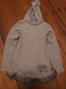 Girls Tunic Top, long sleeves, grey & white stripes, age 7-8, hood, - Picture 1 of 3