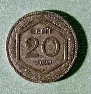 ITALY KINGDON OF V.E.III° 20 CENTESIMI ESAGON0 1920 KM#58 PLAIN EDGE RARE DATE - Picture 1 of 2