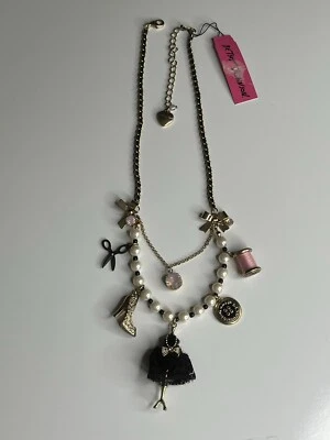 Betsey Johnson Fashion Designer Faux Pearl Charms Mannequin Gold Tone Necklace - Image 1 of 4