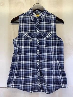 Camiseta sin mangas Eddie Bauer para mujer azul a cuadros de nailon con botones delanteros talla S-6515 Foto 1 de 4
