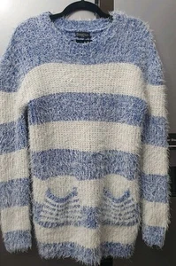 Good Luck Damen gestreifter flauschiger Pullover Gr. XL blau gestreift Longline Pulli Strick - Bild 1 von 12
