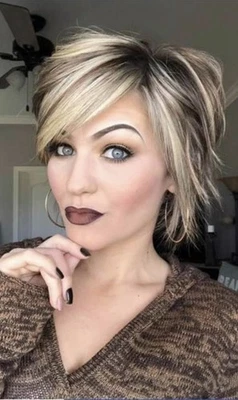 Pelucas cortas corte pixie rubio ceniza marrón resaltado pelucas 100 % cabello humano sin encaje Foto 1 de 4