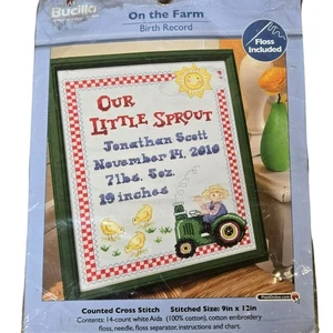 Bucilla Plaid On The Farm Registro de Nacimiento Contado Punto de Cruz 9x12 Kit Tractor - Imagen 1 de 6