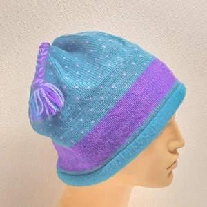 Vintage 90s Wool Beanie Winter Hat Tassels Purple Blue Teal - Picture 1 of 10