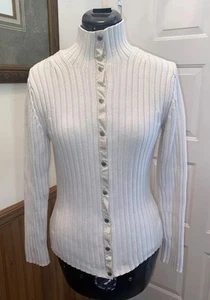 BANANA REPUBLIC Ripppullover DAMEN Snap Cardigan Baumwolle M Ecru Vintage - Bild 1 von 8