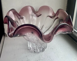 Vintage 1940 Murano Heavy Imperial Glass Ruffled Rim Purple & Clear Fruit Bowl - Picture 1 of 9