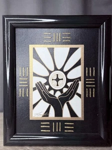 Silva Framed Black Gold Modern Art Canvas Hands Holding Sun Symbol Signed 12x10 - Picture 1 of 7