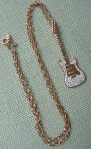 Plata Guitarra Colgante Collar Vintage de Ley Oro Dorado & Diamante 48.3cm - Imagen 1 de 12