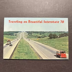 Postcard RETRO ROAD TRIP Highways Old Cars. INTERSTATE I-70 Van Horse Trailer - Picture 1 of 2