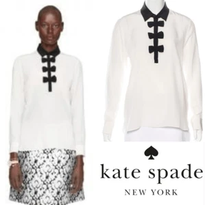 Kate Spade Bow Placket 100% Silk Long Sleeve Go Fly a Kite Collared Blouse Top S - Picture 1 of 9