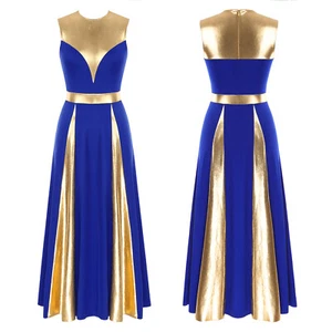 Vestido Largo Mujer Metálico Color Dorado Bloque Litúrgico Alabanza Danza Adoración - Imagen 1 de 40