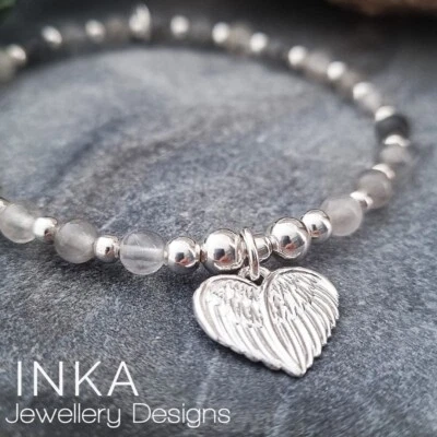 Pulsera Apilable Inka Plata de Ley 925 y Cuarzo Gris Apilable ALAS Dije Foto 1 de 4