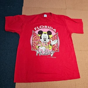 Vintage 90s Mickey Mouse Florida Velva Sheen Disney Graphic T-Shirt XL Red W8b - Picture 1 of 12