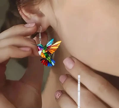1 Pair, Charming and Cute Colorful Hummingbird Acrylic Earrings - Image 1 of 4