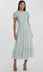 Mac Duggal 9212 Sz 20 Powder Blue Embellished Floral A-line Midi Dress $598 - Picture 1 of 7