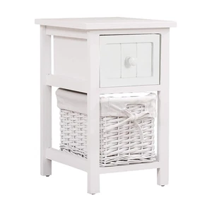 Comodino Legno Bianco Bombato Shabby Chic Cestino Vimini Estraibile con Cassetto - Foto 1 di 6