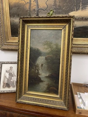 Antique 19thC Landscape Oil Painting - American Victorian River Forest Scene  - Image 1 of 4