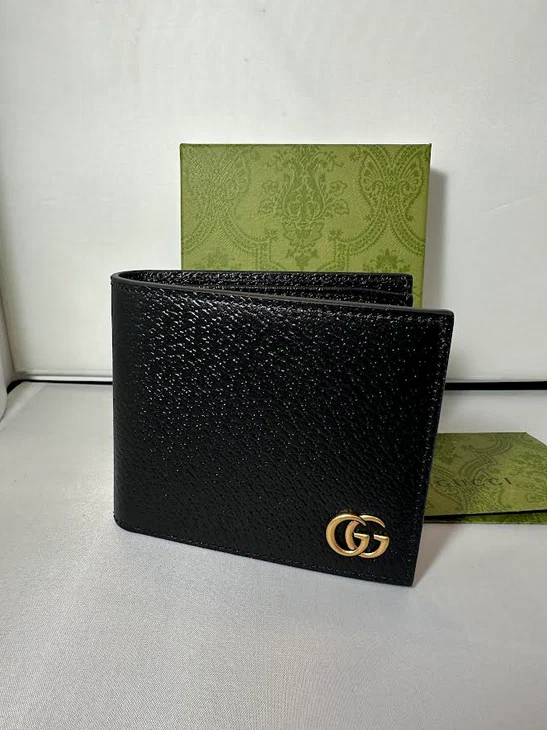 Auténtica billetera de cuero negra plegable GG Marmont dorada con logotipo GG para hombre Foto 1 de 4