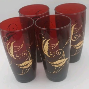 Vintage Set Of 4 1950's Anchor Hocking Ruby Red Tumblers 22k Gold Leaves Pattern - Picture 1 of 18