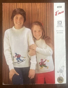 GIRLS BOYS KIDS SKI SKING & CLOWN JUMPER 24”-34” VTG KNITTING PATTERN EMU 6558 - Picture 1 of 2