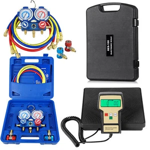 220 lbs Electronic Refrigerant Scale with case+R134a R410a AC Manifold Gauge Set - Picture 1 of 16