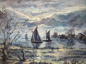 Vintage Original Oil Painting -Impressionist Moonlit Cloud Nocturne -Signed - Picture 1 of 9