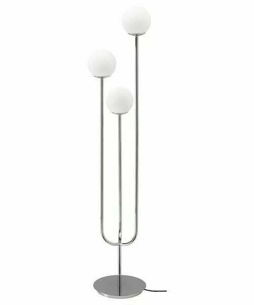 IKEA Simrishamn Floor Lamp W/3 LED Bulbs Chrome Plated Opal White Glass 62 "