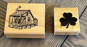 NUOVA cabina vecchia casa e trifoglio legno gomma timbro scrapbooking artigianato - Foto 1 di 7