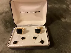 Geoffrey Beene Cuff Links Shirt Studs, Black Onyx Gold Cufflink Studs Groom - Picture 1 of 1