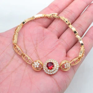 18K Yellow Gold Filled Women Red Topaz Round Charm Wedding Bracelet Jewelry - Picture 1 of 1