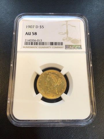 1907-D U.S. $5.00 Liberty Half Eagle Gold Coin NGC AU58 - Stunning and Original Cover