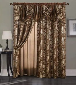 Brown Gold Damask Beaded 5 pc Window Curtains Set Panels Drapes Valance 84 in L - Picture 1 of 3