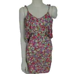 Lipsy Dress Blue Size 8 Pink Floral Tie Straps Deep Frill at Bust Stretch Short - Picture 1 of 10