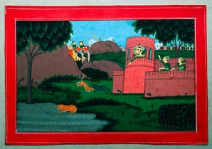 Indien Miniatur Original Malerei antik Jagd Tiger Elefant Jäger 19. Jahrhundert - Bild 1 von 2