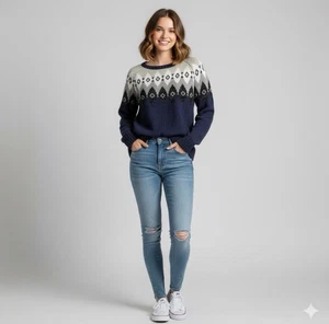 American Eagle Wollmischung Fair isle nordisch blau weiß U-Ausschnitt Pullover L weich kuschelig - Bild 1 von 8