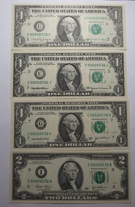 4 $1-$1-$1-$2 Matching Low 4 Digit Serial Number Federal Reserve Bank Notes - Picture 1 of 10