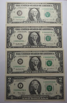4 $1-$1-$1-$2 Matching Low 4 Digit Serial Number Federal Reserve Bank Notes - Image 1 of 4