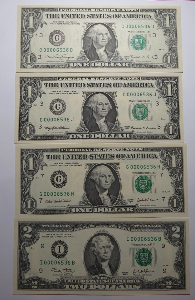 4 $1-$1-$1-$2 Matching Low 4 Digit Serial Number Federal Reserve Bank Notes - Image 1 of 4