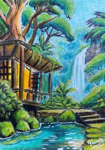 ACEO Colored Pencil Drawing Jungle Treehouse Cabin Waterfall Forest Cozy Art - Picture 1 of 2
