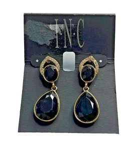 INC Gold Drop Dangle Earrings w/ Rhinestones & Black Gemstones, NWT!! - Picture 1 of 3