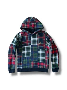 Polo Ralph Lauren Kids Patchwork Plaid Hoodie Fleece Pullover Logo Large 14/16 - Picture 1 of 15