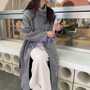 Grey Stand Up Collar Double-sided Wool Coat Womens Long Korean Warm Woolen Coat - Picture 1 of 28