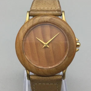 Vintage Wood Dial Watch Women 34mm Gold Tone Analog Leather Band New Battery - Picture 1 of 15