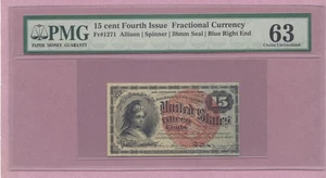 Fractional Currency, 15C, Fifteen Cents, Fourth Issue, FR-1271, Blue, PMG 63 - Picture 1 of 2