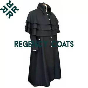 Handmade Black Wool Triple layer Regency Greatcoat, Single Breasted Garrick Coat - Picture 1 of 4