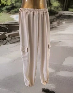 BOOHOO womens stone woven non stretchy cuffed cargo jogger size 10 pockets - Picture 1 of 12