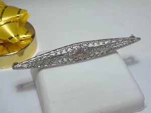 Antique 2 1/8" Open Filigree Elongated Marquise shaped 10Kt White Gold Pin#12515 - Picture 1 of 5