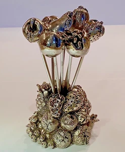 Retro Set of (8) Cocktail Forks & Holder Silver Plated Fruit Hors D’oeuvre Picks - Picture 1 of 15