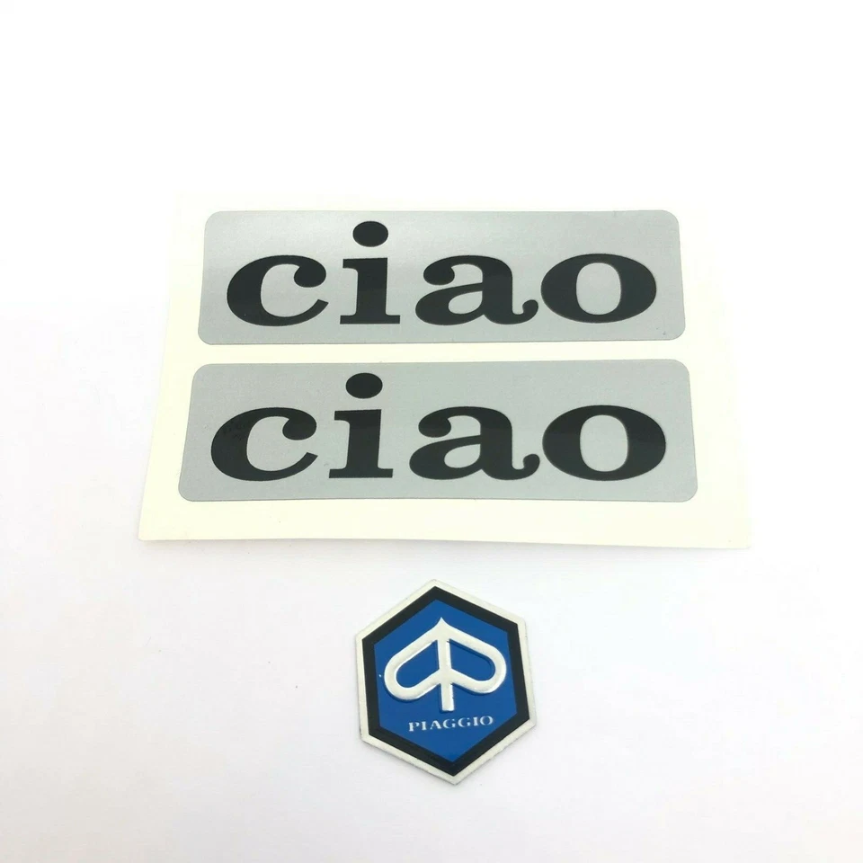 PAIRE D'AUTOCOLLANTS RÉSERVOIR CIAO IMPRIMÉ NOIR + ARMOIRIES PIAGGIO CIAO ARC...