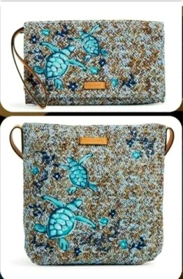 Vera Bradley *FREE PENS* Straw Beach Wristlet & Crossbody Mint Brown Sea Life - Image 1 of 4